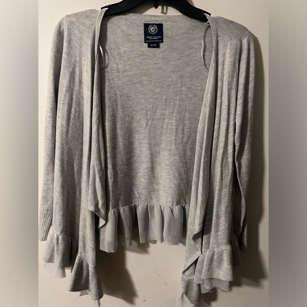 American Eagle grey long sleeve top with ruffles Size M